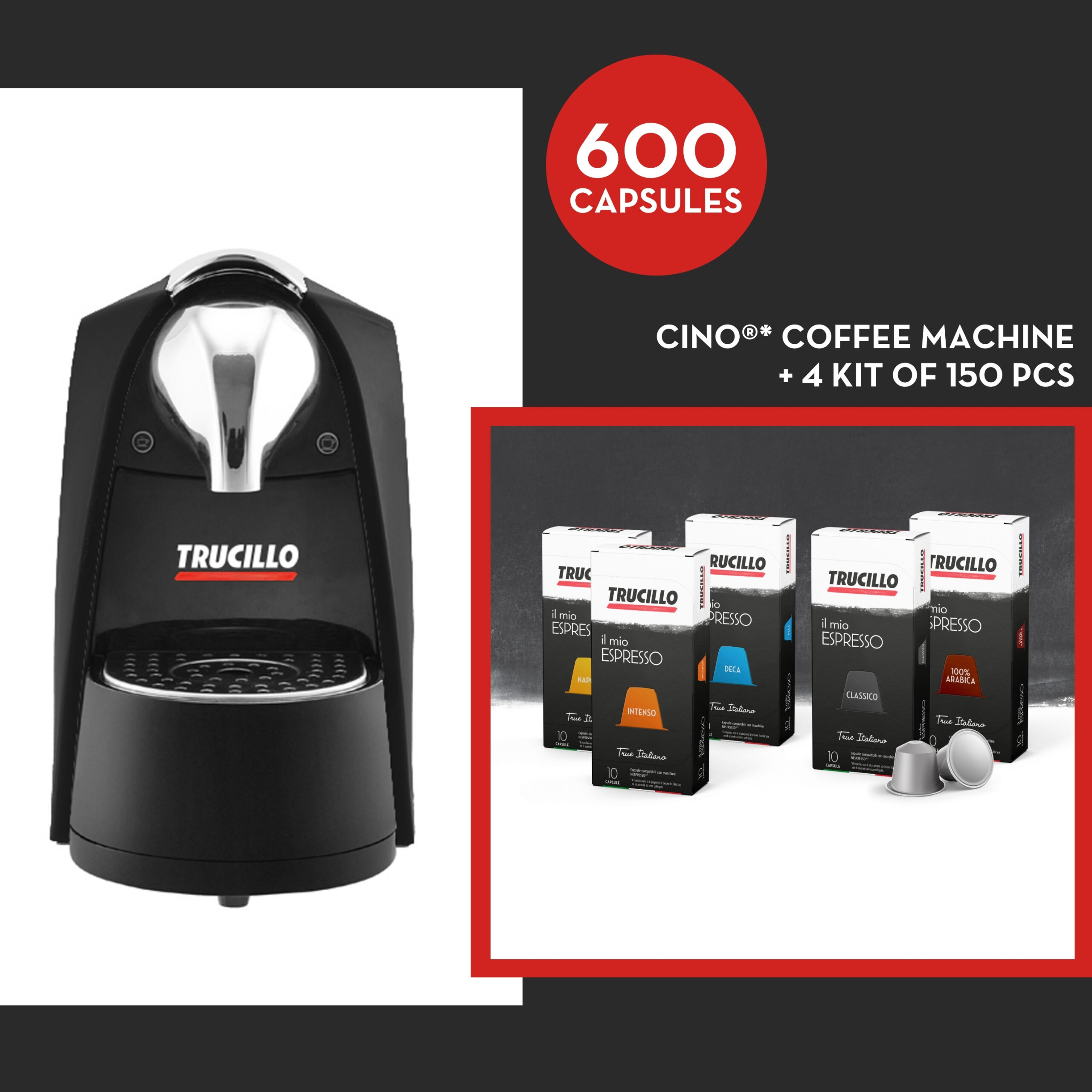 600 capsule compatibili Nespresso® + Macchina + 4 kit (600 pezzi)